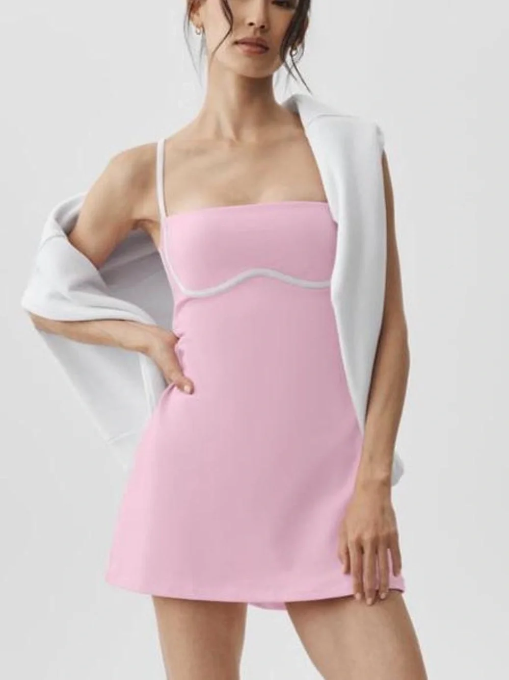 ALO Airbrush Streamlined Mini Dress in Pink Marshmallow with Contrast White Trim